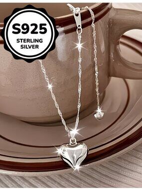 Necklace Puff Heart Pendent Twist Chain S925 Sterling Plate over Stainless Steel